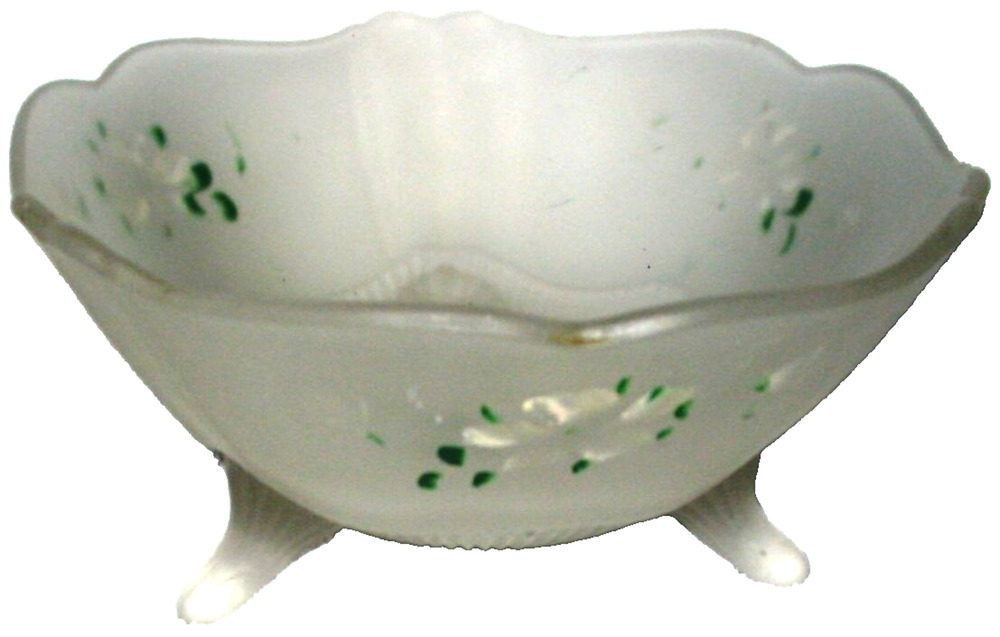 Footed Frosted White Glass Bowl Scalloped Rim Painted Foliage 7.5 inches Vintage